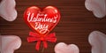 Happy Valentines Day red heart shape glossy balloon realistic, lettering, background wood table pink heart ballons Royalty Free Stock Photo