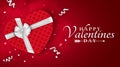 Happy Valentines day red romantic banner. Gift from the heart. Red gift box with a white bow. Background for your design. Confetti Royalty Free Stock Photo