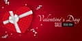 Happy Valentines day red romantic banner for sale. Gift from the heart. Red gift box with a white bow. Confetti and ribbons. Vecto Royalty Free Stock Photo