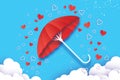 Happy Valentines day. Red umbrella. Air with Love raining. Origami Heart Rain drop. Parasol. Happy Monsoon season. Heart
