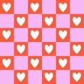 Happy Valentines Day retro seamless pattern with groovy hearts. Cute hearts on checkerboard background.