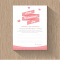 Happy valentines day ribbon with pink heart greeting cards, wood pattern background vector