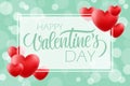 Happy Valentines Day romantic background with hand drawn lettering and red hearts. 14 february holiday greetings. Royalty Free Stock Photo