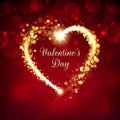 Happy valentines day romantic greeting card. Golden heart. Holiday banner. Bokeh valentine background. Gold particle frame Royalty Free Stock Photo