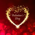 Happy valentines day romantic greeting card. Golden heart. Holiday banner. Bokeh valentine background. Gold particle frame Royalty Free Stock Photo