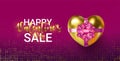 Valentines Day SALE lettering with Gift Box with gold Bow and falling Balloons. For shopping and web poster, add