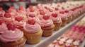 Happy Valentines Day! Selection of valentine day cupcakes at the local bakery window