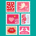 Happy valentines day set postage stamps