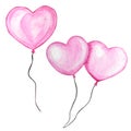 Happy Valentines Day set. Watercolor hand drawn Holiday illustration of flying pink balloon heart. Festive decoration