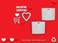 Happy Valentines Day Shopping Bags. isolated on red background, conceptual image of love & Valentine`s day holiday