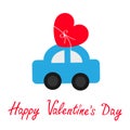 Happy Valentines Day sign symbol. Toy car carrying red love heart shape icon with bow. Delivering gift. Flat design. Greeting card Royalty Free Stock Photo