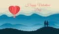 Happy valentines day. Silhouette of lovers standing together. Vector illustration with paper cut red heart shape origami made hot