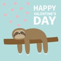 Happy Valentines Day. Sloth sleeping on tree branch. Pink heart. Cute lazy cartoon kawaii funny character. Slow down. Wild joungle