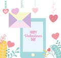 Happy valentines day, smartphone envelope message hearts love foliage