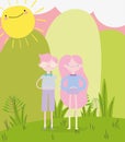 Happy valentines day, smiling young couple standing grass sunny day cartoon