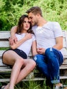 Happy valentines day. summer camping in forest. family rancho weekend. romantic date. couple relax outdoor on bench Royalty Free Stock Photo