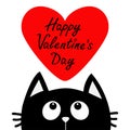 Happy Valentines Day text. Black cat looking up to big red heart. Cute cartoon character. Kawaii animal. Love Greeting card. Flat Royalty Free Stock Photo