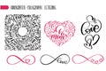 Happy Valentines Day text love for greeting card. Infinite sign romantic hearts with calligraphic phrases isolated on