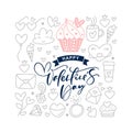 Happy Valentines day text with vintage doodle vector elements. Hand drawn love poster heart, diamond, envelope, cake Royalty Free Stock Photo