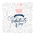 Happy Valentines day text with vintage doodle vector elements. Hand drawn love poster heart, diamond, envelope, cake Royalty Free Stock Photo