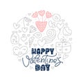 Happy Valentines day text with vintage doodle vector elements in round form. Hand drawn love poster heart, diamond Royalty Free Stock Photo