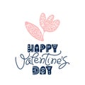 Happy Valentines day text with vintage vector flower. Hand drawn love valentine greeting card with hearts. Romantic Royalty Free Stock Photo