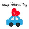 Happy Valentines Day. Toy car carrying red love heart shape icon with bow. Delivering gift. Flat design. Greeting card. White Royalty Free Stock Photo