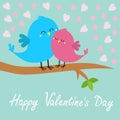 Happy Valentines day. Two birds sitting on the tree branch. Bird hugging. Pink heart set. Love card. Cute cartoon kawaii funny Royalty Free Stock Photo