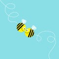 Happy Valentines Day. Two flying bee kissing couple in the sky. Cute cartoon funny fat caharacter. Dash line air loop. Love greeti Royalty Free Stock Photo