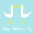 Happy Valentines Day. Two goose love couple farm bird icon set. Cute cartoon funny kawaii baby character. Flat design. Greeting