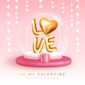 Happy Valentines Day typography poster with 3D snow globe, gift box and love heart.