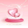 Happy Valentines Day typography poster with 3D snow globe and love hearts. Royalty Free Stock Photo