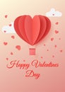 Happy valentines day typography vector illustration design with paper cut red heart shape origami made hot air balloons flying in Royalty Free Stock Photo