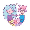 Happy valentines day, united couple hearts with arrow cartoon