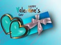 Happy valentines day. Valentine couple. Realistic blue heart in a metal frame. Realistic satin bow gift box. Greeting card, gift