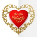 Happy Valentines day vector card. Big red heart with floral ornaments and elegant handwritten text Be My Valentine Royalty Free Stock Photo