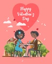 Happy Valentines Day vector. Greeting card with african america couple in love in cafe. Valentine`s background in flat style. Royalty Free Stock Photo