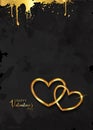 Happy Valentines day vector greeting card. Gold hearts on grunge black background. Golden holiday poster with text, jewels Royalty Free Stock Photo