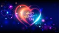 Happy valentines day vector greeting cards, bright multi-colored neon heart shape blue bokeh background