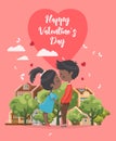Happy Valentines Day vector. Heart shape. Greeting card with african america couple in love. Valentine`s background in flat style.