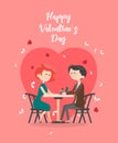 Happy Valentines Day vector illustration. Greeting card with young couple in love. Valentine`s background in flat Royalty Free Stock Photo