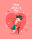 Happy Valentines Day vector illustration. Kissing. Greeting card with young couple in love. Valentine`s background in flat style. Royalty Free Stock Photo