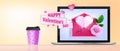 Happy Valentines Day vector love banner with laptop screen, coffee cup, pink envelope, heart-shaped greeting card. Royalty Free Stock Photo