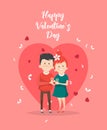 Happy Valentines Day vector. Pink Heart shape.Greeting card with young couple in love. Valentine`s background in flat style. Royalty Free Stock Photo