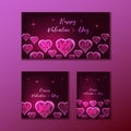 Happy Valentines Day web banners set with glowing low polygonal transparent hearts on dark pink Royalty Free Stock Photo