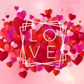 Happy valentines day and wedding design elements. Text design Love in white frame on pink background with hearts. Vector