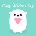 Happy Valentines Day. White baby bear head face holding pink heart. Cute cartoon kawaii funny animal character. Love card. Flat Royalty Free Stock Photo