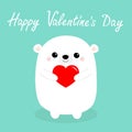 Happy Valentines Day. White baby bear holding red heart. Cute cartoon kawaii funny head face animal character. Love card. Flat Royalty Free Stock Photo