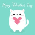 Happy Valentines Day. White baby cat kitten head face holding pink origami paper heart. Cute cartoon kawaii funny kitty animal Royalty Free Stock Photo