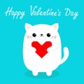 Happy Valentines Day. White baby cat kitten head face holding red origami paper heart. Cute cartoon kawaii funny kitty animal Royalty Free Stock Photo